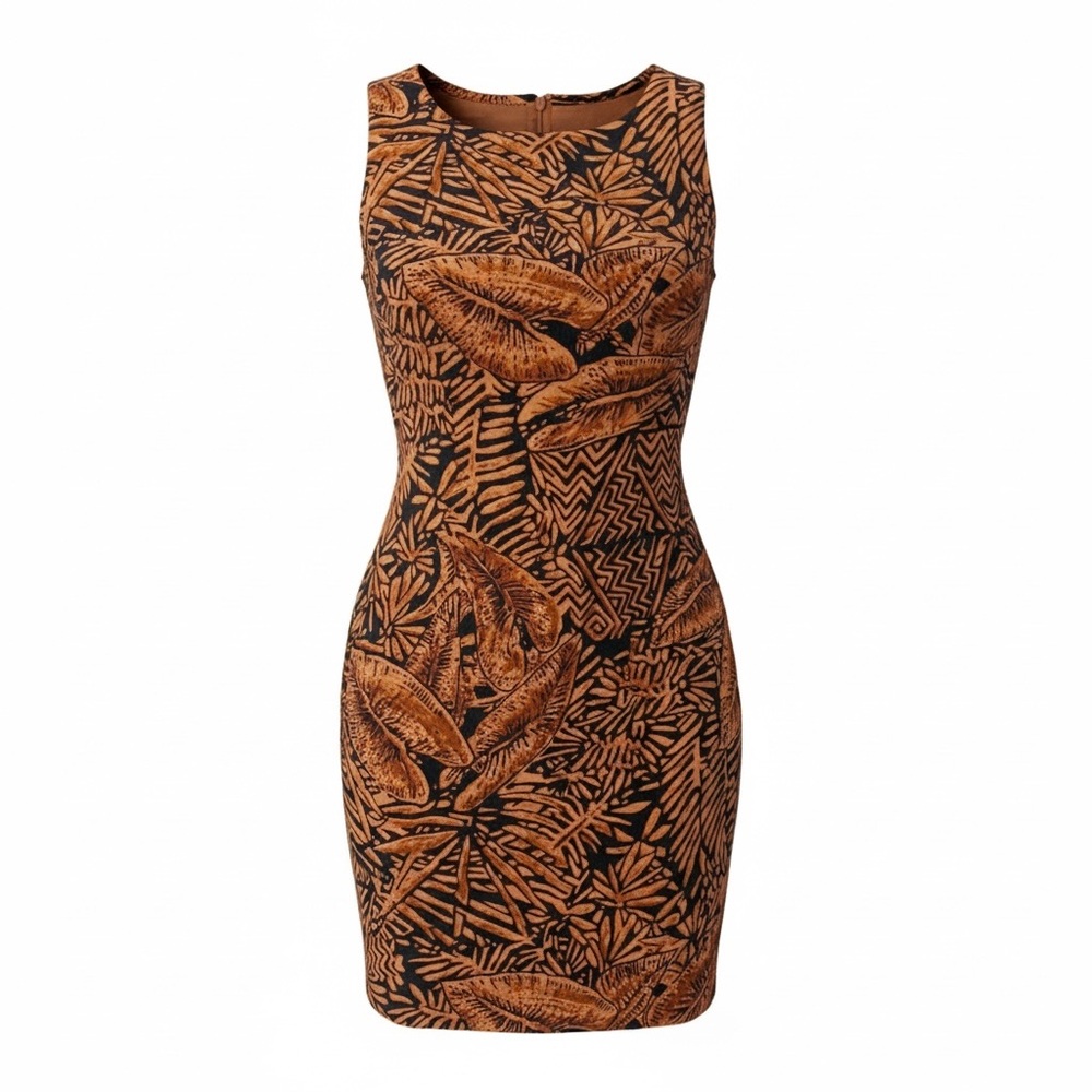 E.D Michaels Petites Pencil Dress Sz 4 Brown Palm Leaves Tropical Beach Resort